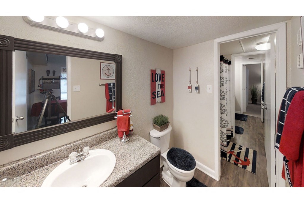 a bathroom with a toilet sink and mirror
