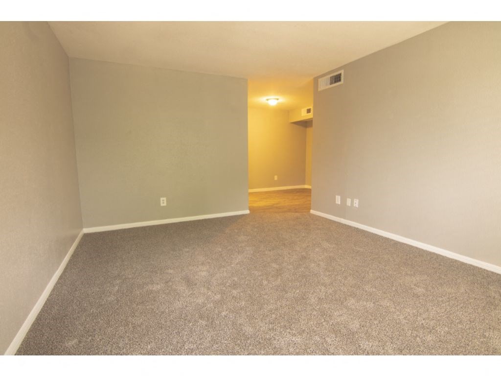 a bedroom with gray walls and a carpeted floor