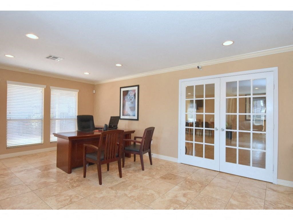 a home office with french doors