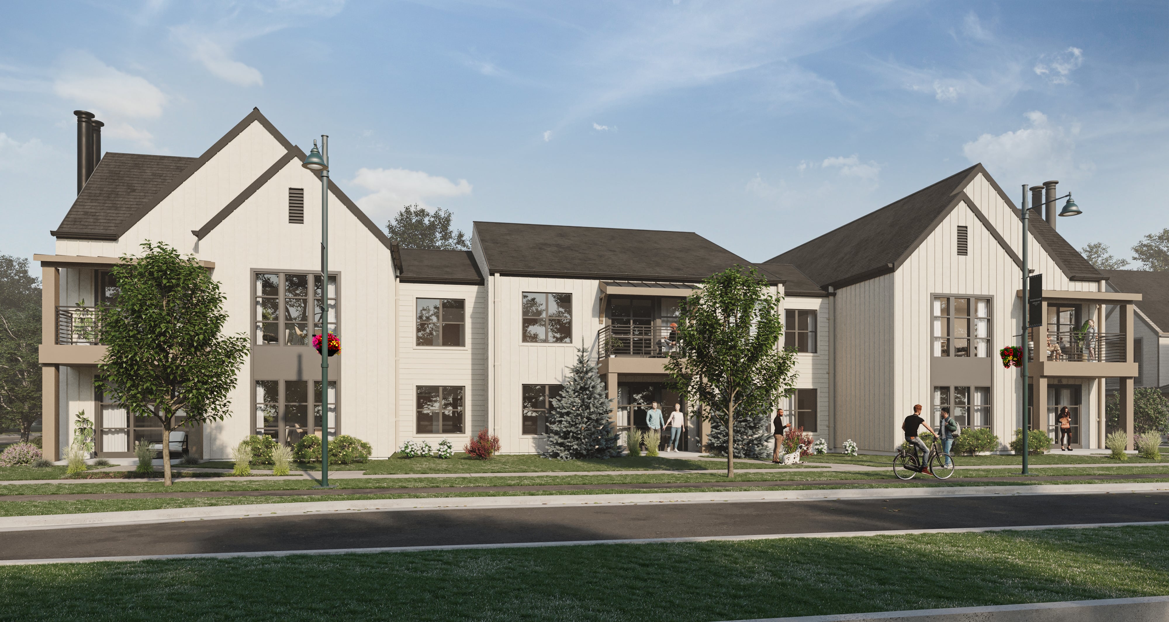 A row of modern houses with people walking in front.
