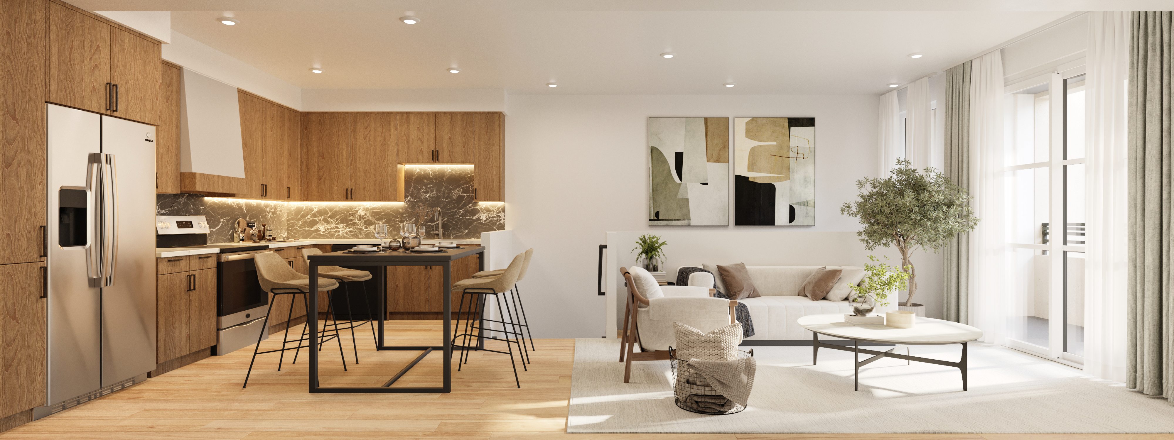 A modern kitchen with a dining table and chairs.