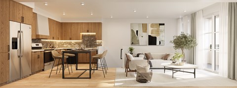A modern kitchen with a dining table and chairs.