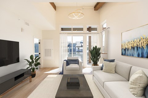 A living room with a white couch, a black television, and a painting on the wall.