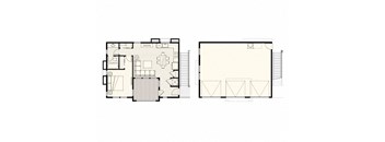 A floor plan of a two-story residential building with a garage on the first floor and a living area on the second floor.