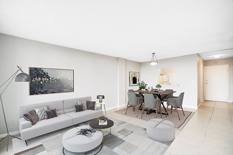 A modern living room with a grey sofa, a grey dining table and chairs, and a grey rug.