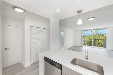 A modern kitchen with a stainless steel sink and white countertops.