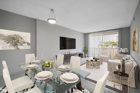 A modern dining room with a glass table set for four.
