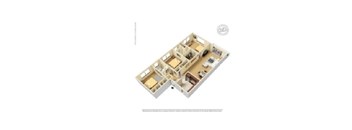 A 3D floor plan of a house with multiple rooms.