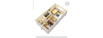 A 3D floor plan of a small apartment with a kitchen, living room, and bathroom.