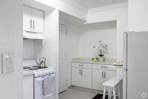 A small white kitchen with a stove and a counter.
