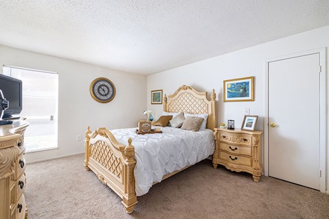 A bedroom with a bed, dresser, and mirror.