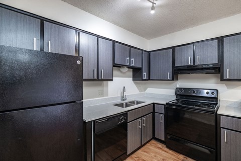 A kitchen with black cabinets and appliances.