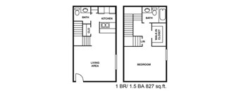 A floor plan of a one bedroom, one bathroom apartment.