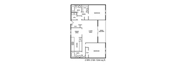 A floor plan of a 2 bedroom, 2 bathroom apartment.