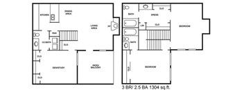A floor plan of a 3 bedroom, 2.5 bathroom apartment.