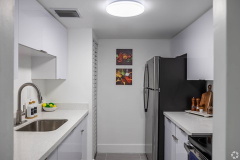 A kitchen with a black refrigerator and a white counter top.