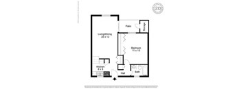 A floor plan of a small apartment with a living/dining area, kitchen, bedroom, bath, and storage.