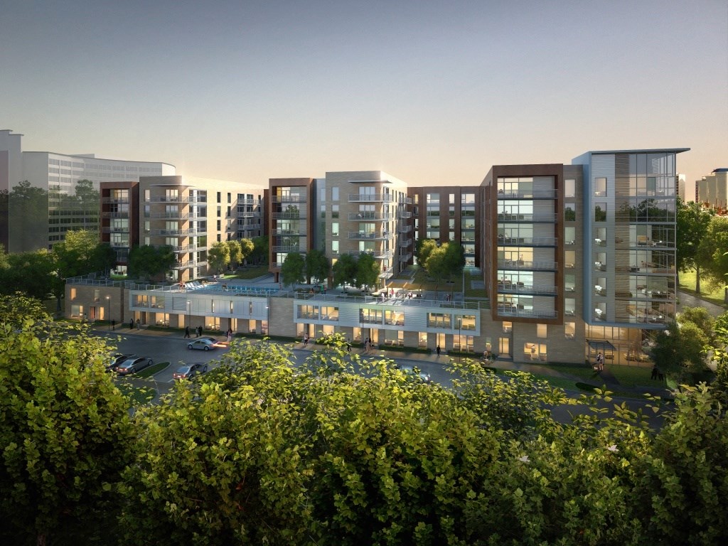 a rendering of a building with apartments and a parking lot