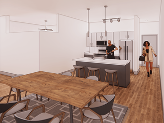 a rendering of a kitchen and dining room with a table and chairs