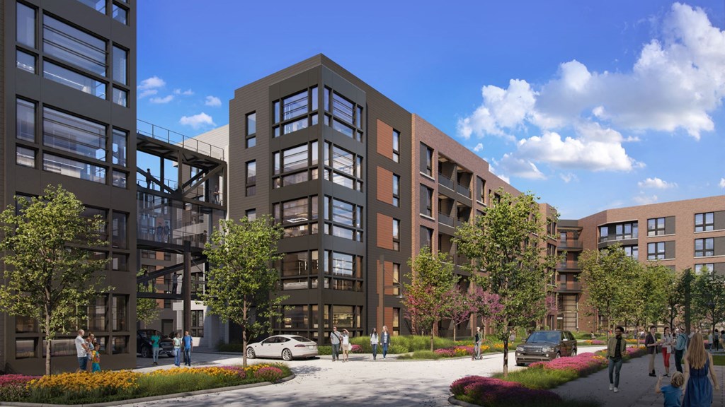 a rendering of a new apartment building on a city street