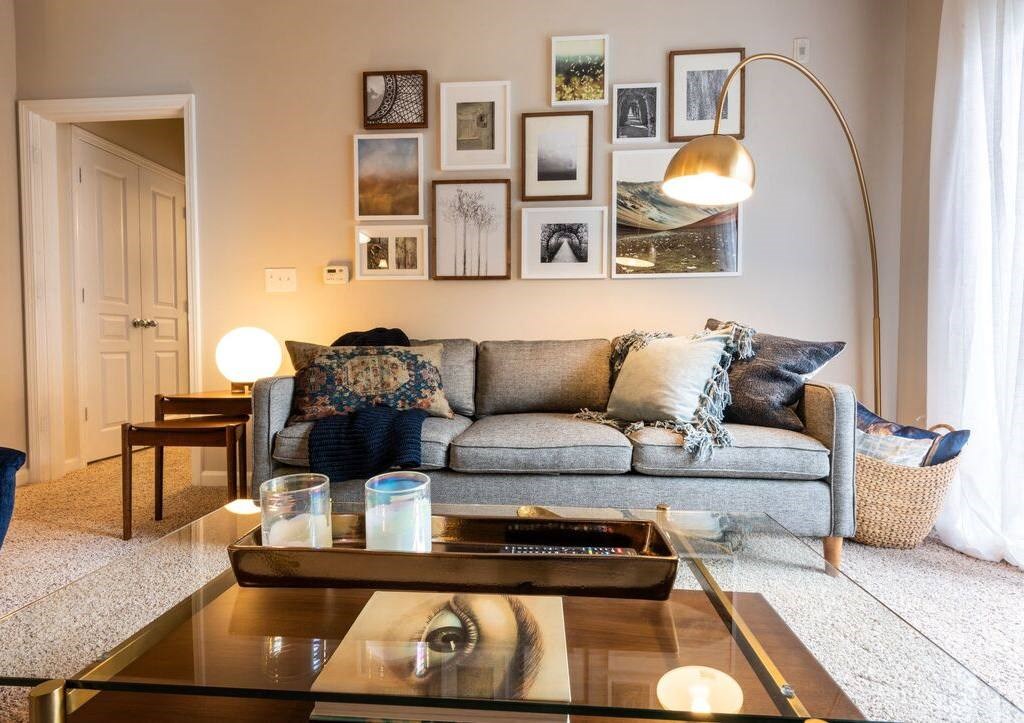 a living room with a couch and a coffee table