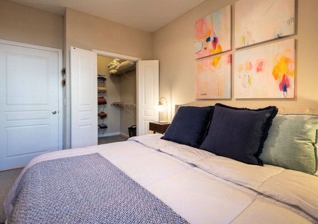 a bedroom with a bed and a closet