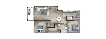 A floor plan of a house with a living room, kitchen, and two bedrooms.