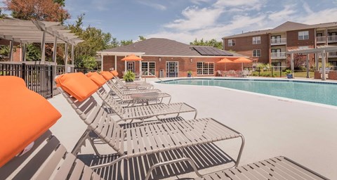 A pool surrounded by orange sun loungers and a building in the background.