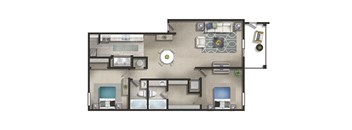 A floor plan of a house with a kitchen, living room, dining room, and bathrooms.