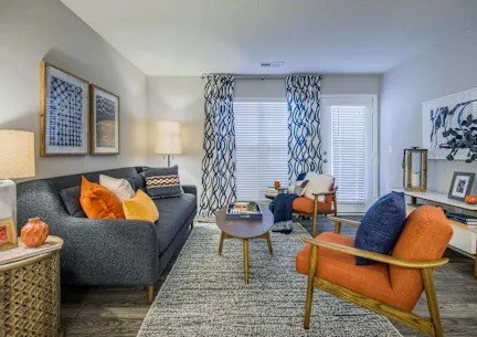 A living room with a grey couch, a wooden chair, and a patterned rug.