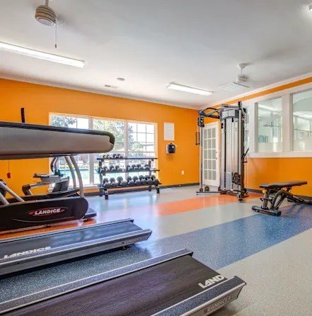 A treadmill with the brand name LANDGIRE in the foreground of a gym.