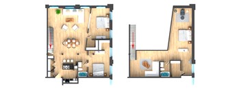 A floor plan of a two-story apartment with a living room, kitchen, and bedrooms.