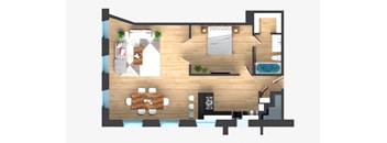 A top-down view of a modern apartment layout with a kitchen, living room, and bathroom.