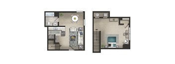 A floor plan of a house with two rooms and a bathroom.