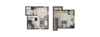 A floor plan of a house with two rooms, one with a kitchen and the other with a living room.