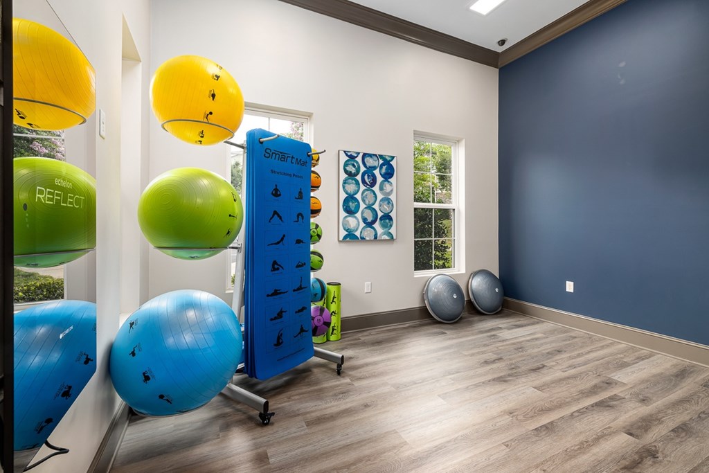 A room with blue walls and a wooden floor has exercise equipment.