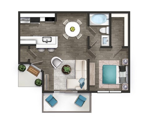 a stylized floor plan of a hotel room with a bedroom and living room