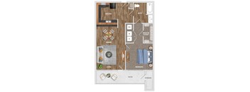A floor plan of a house with a kitchen, living room, dining room, bedroom, bathroom, and storage.
