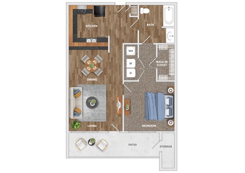 A floor plan of a house with a kitchen, living room, dining room, bedroom, bathroom, and storage.