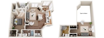 3D floor plan of a one bedroom two bathroom townhouse at Cambridge Apartments in Raleigh, NC