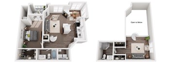 3D floor plan of a one bedroom two bathroom townhouse at Cambridge Apartments in Raleigh, NC