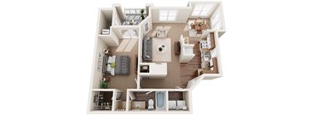 3D floor plan of a one bedroom one bathroom apartment at Cambridge Apartments in Raleigh, NC