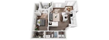 3D floor plan of a one bedroom one bathroom apartment at Cambridge Apartments in Raleigh, NC