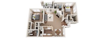 3D floor plan of a two bedroom two bathroom apartment at Cambridge Apartments in Raleigh, NC
