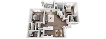 3D floor plan of a two bedroom two bathroom apartment at Cambridge Apartments in Raleigh, NC