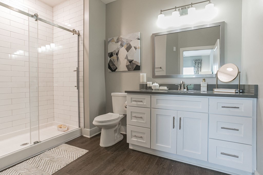 a bathroom with white cabinets and a shower and a toilet