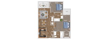 A floor plan of a house with a kitchen, living room, dining room, and two bedrooms.