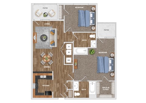 A floor plan of a house with a kitchen, living room, dining room, and two bedrooms.
