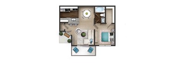 a 3d drawing of a bedroom floor plan with a living room and dining room