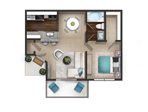 a 3d drawing of a bedroom floor plan with a living room and dining room